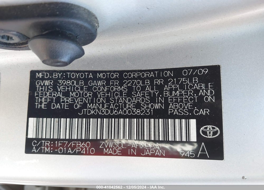 2010 TOYOTA PRIUS II VIN: JTDKN3DU6A0038231