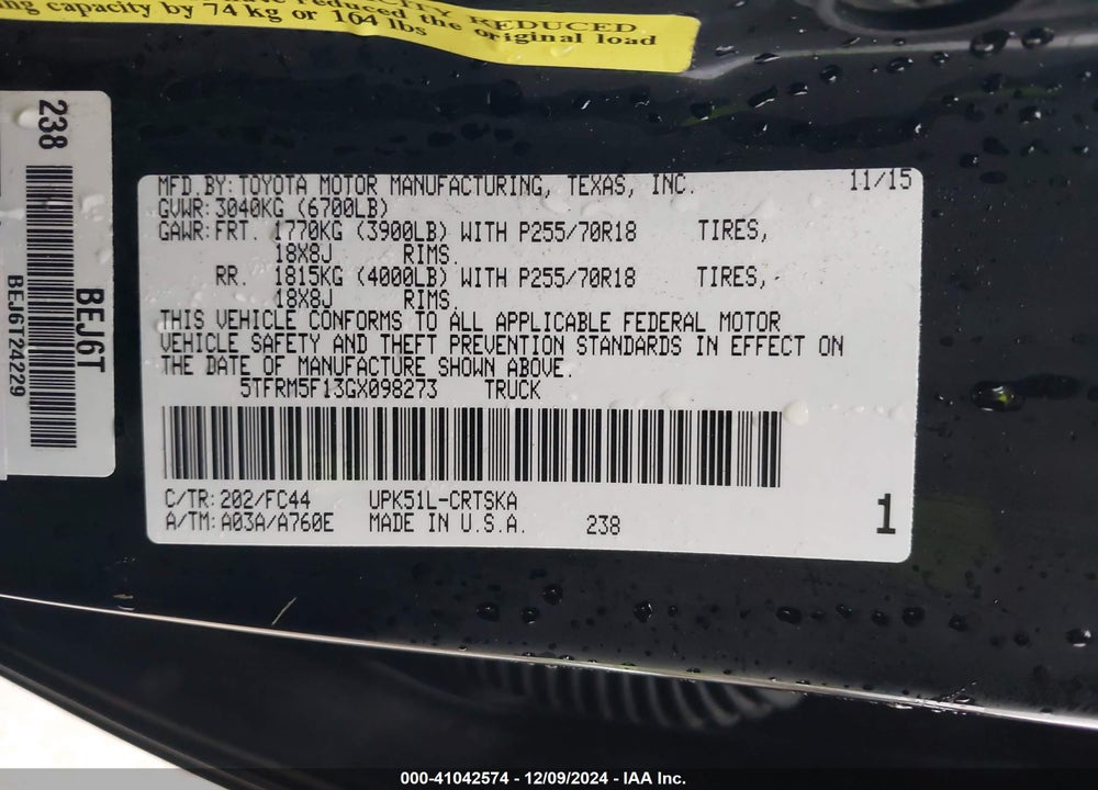 2016 TOYOTA TUNDRA VIN: 5TFRM5F13GX098273