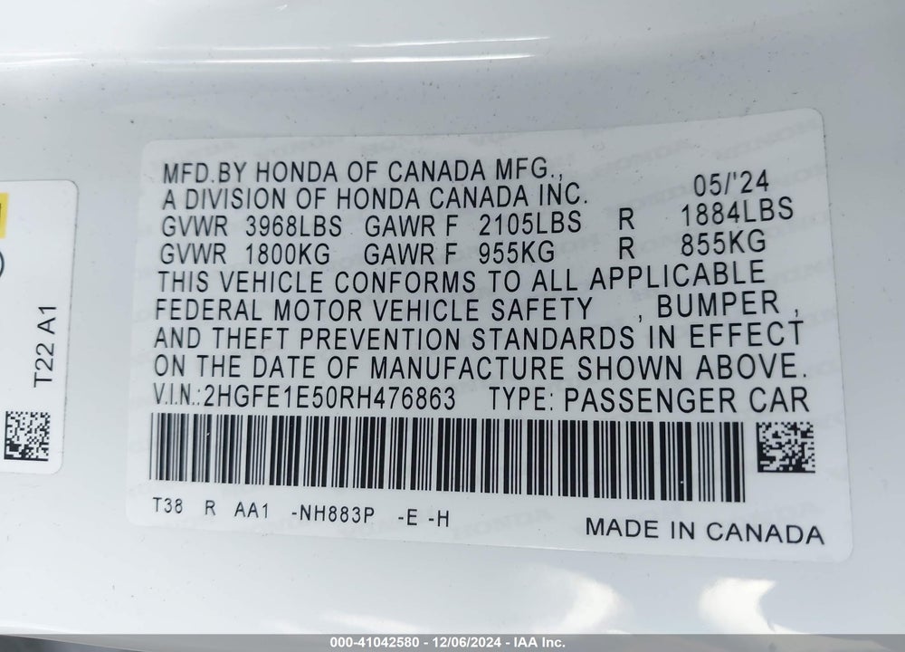 2024 HONDA CIVIC VIN: 2HGFE1E50RH476863