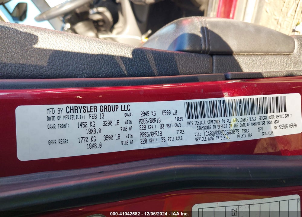2013 DODGE DURANGO CREW VIN: 1C4RDHDG0DC663879