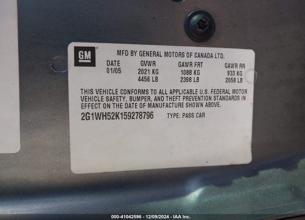 2005 CHEVROLET IMPALA LS VIN: 2G1WH52K159278796