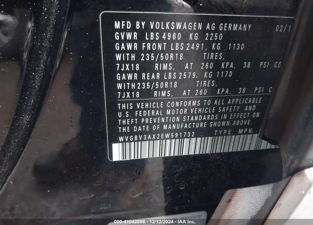 2014 VOLKSWAGEN TIGUAN SEL VIN: WVGBV3AX2EW591732