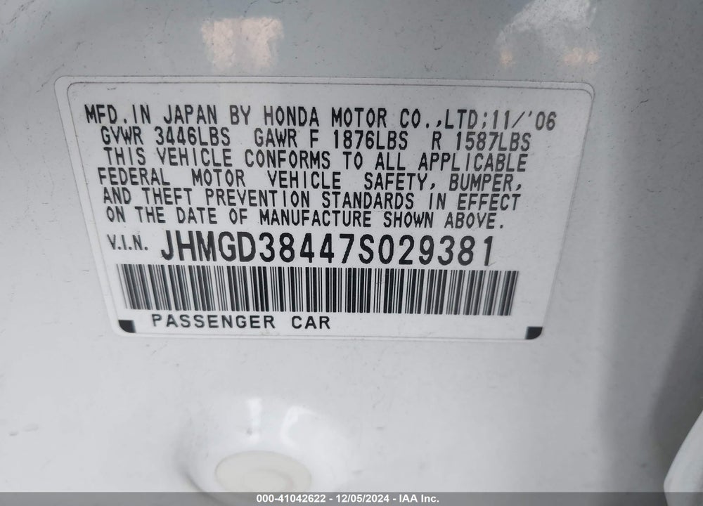 2007 HONDA FIT VIN: JHMGD38447S029381