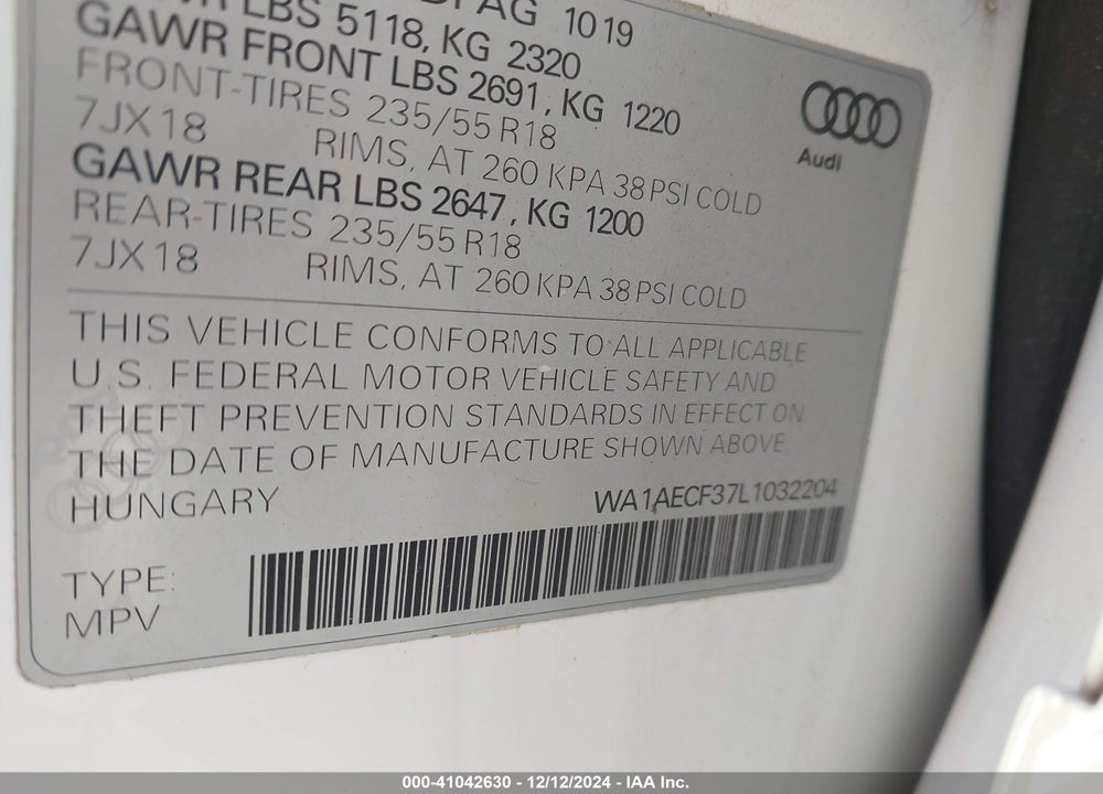 2020 AUDI Q3 PREMIUM 45 TFSI QUATTRO TIPTRONIC VIN: WA1AECF37L1032204
