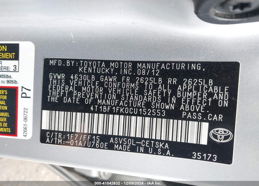 2012 TOYOTA CAMRY SE VIN: 4T1BF1FK0CU152553