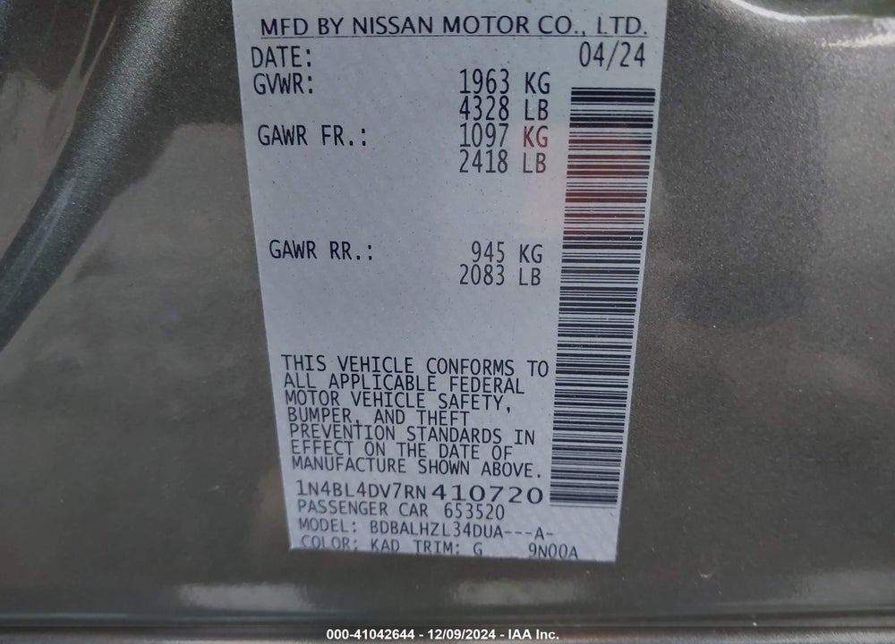 2024 NISSAN ALTIMA SV FWD VIN: 1N4BL4DV7RN410720
