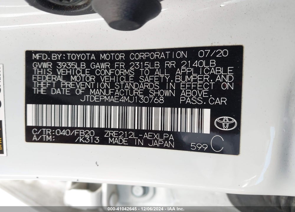 2021 TOYOTA COROLLA LE VIN: JTDEPMAE4MJ130768