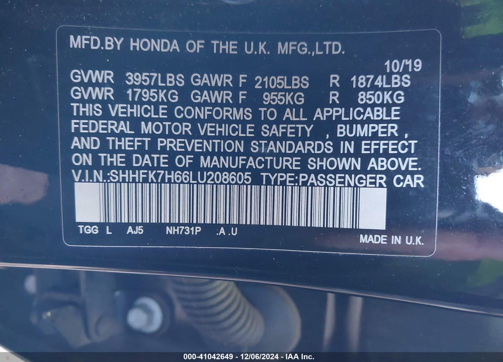 2020 HONDA CIVIC EX VIN: SHHFK7H66LU208605