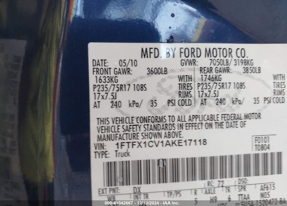 2010 FORD F-150 FX2 SPORT/LARIAT/XL/XLT VIN: 1FTFX1CV1AKE17118