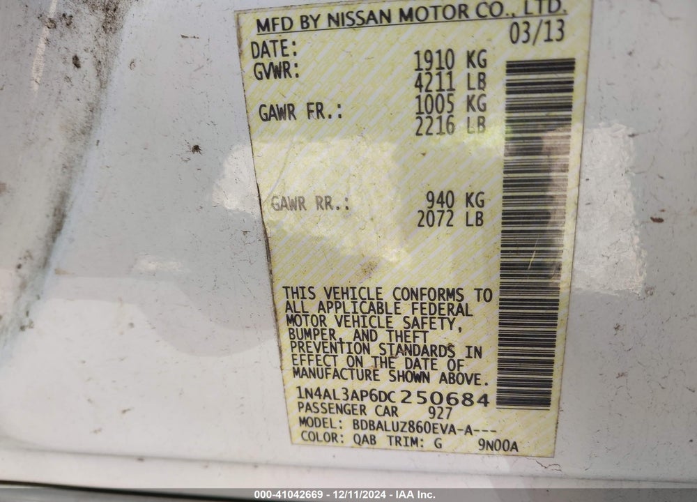 2013 NISSAN ALTIMA 2.5 SV VIN: 1N4AL3AP6DC250684