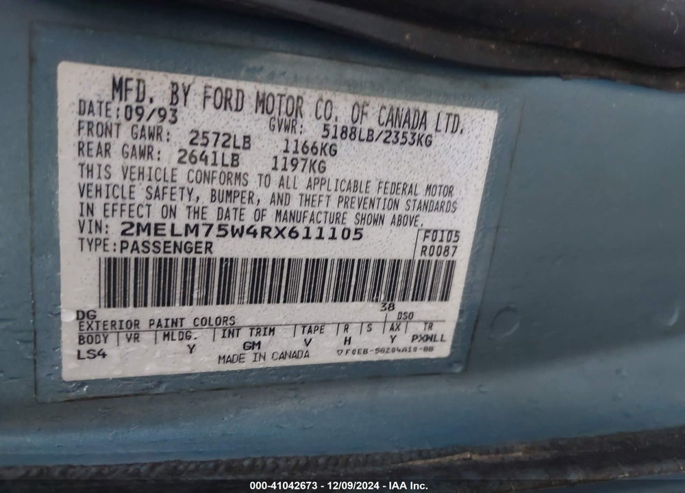 1994 MERCURY GRAND MARQUIS LS VIN: 2MELM75W4RX611105