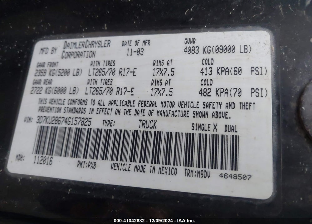 2004 DODGE RAM 2500 SLT/LARAMIE VIN: 3D7KU28674G157825