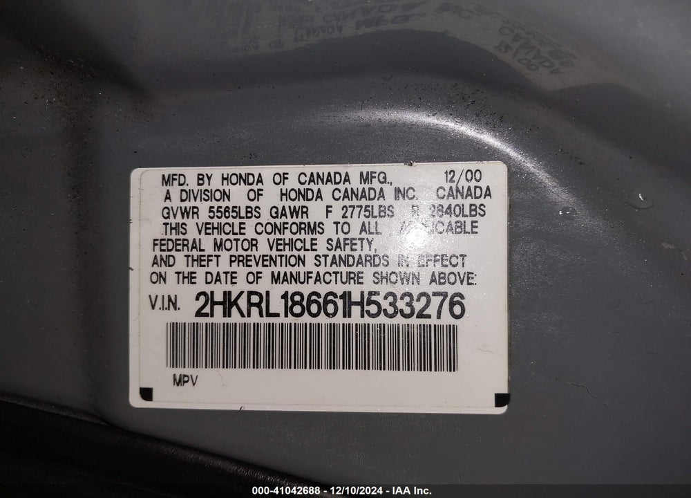 2001 HONDA ODYSSEY EX VIN: 2HKRL18661H533276