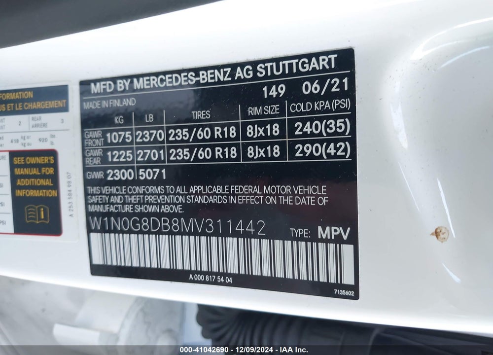 2021 MERCEDES-BENZ GLC 300 SUV VIN: W1N0G8DB8MV311442