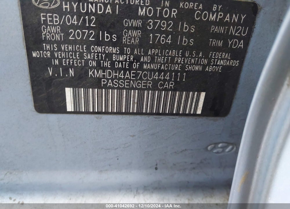 2012 HYUNDAI ELANTRA GLS (ULSAN PLANT) VIN: KMHDH4AE7CU444111