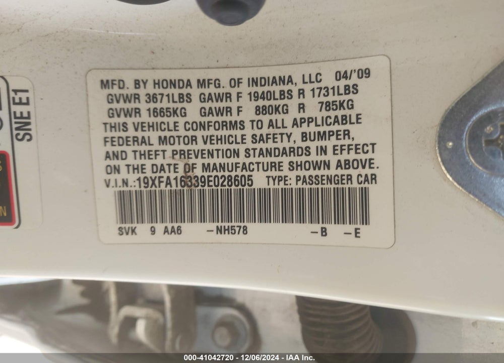 2009 HONDA CIVIC VP VIN: 19XFA16339E028605