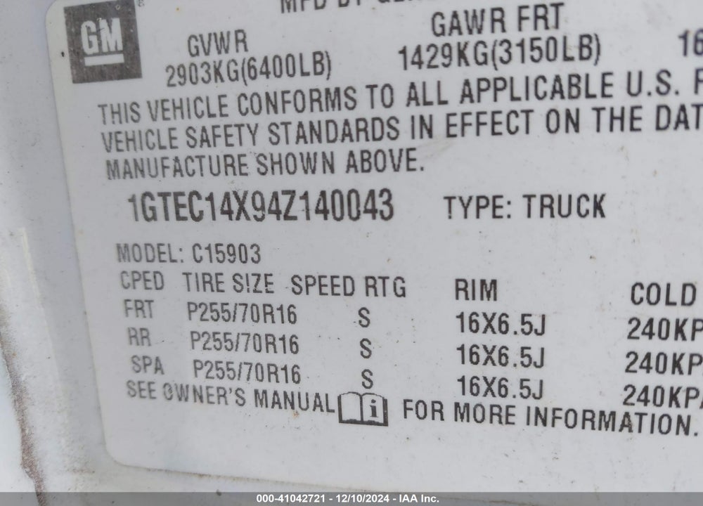 2004 GMC SIERRA 1500 WORK TRUCK VIN: 1GTEC14X94Z140043