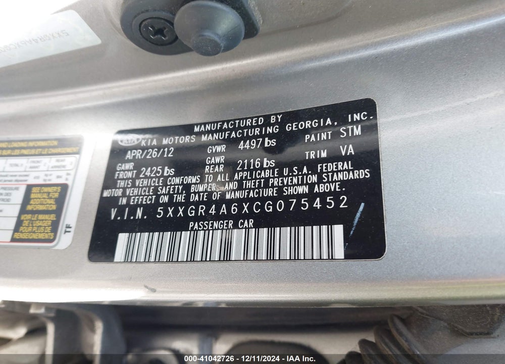2012 KIA OPTIMA VIN: 5XXGR4A6XCG075452