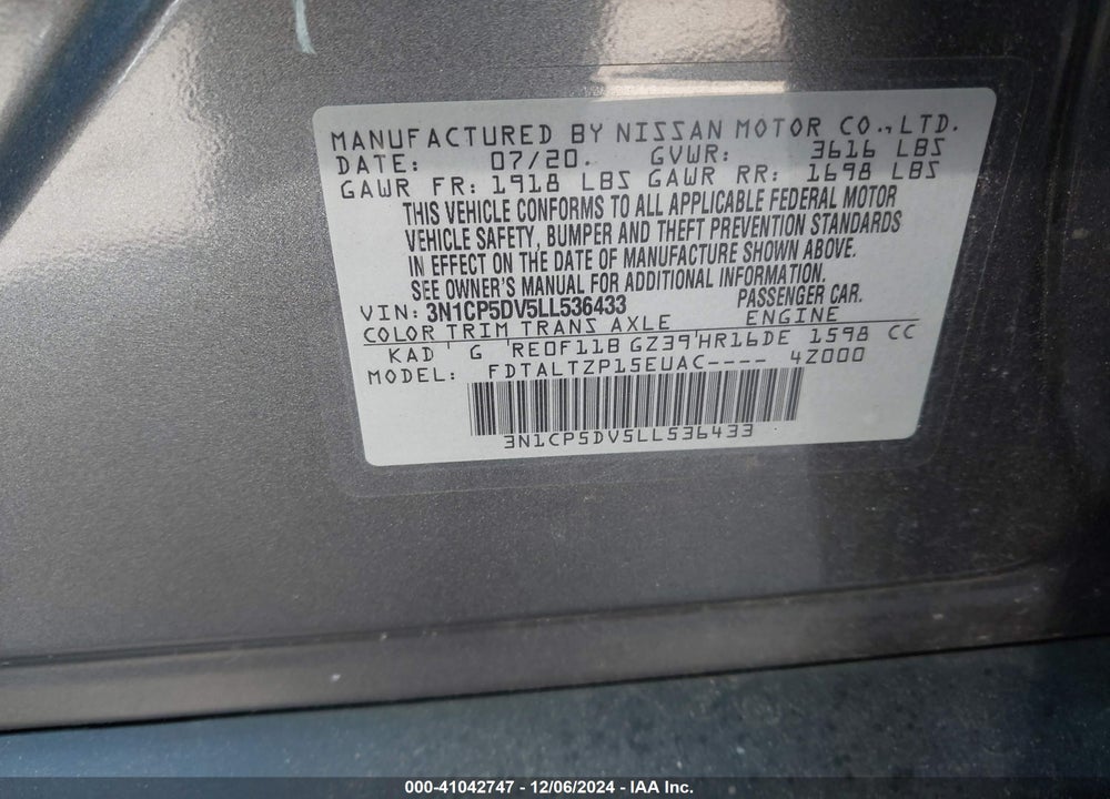2020 NISSAN KICKS SR XTRONIC CVT VIN: 3N1CP5DV5LL536433