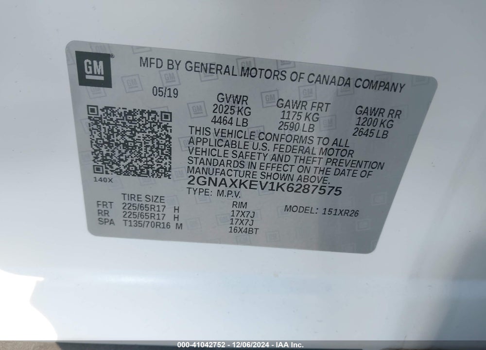 2019 CHEVROLET EQUINOX LT VIN: 2GNAXKEV1K6287575