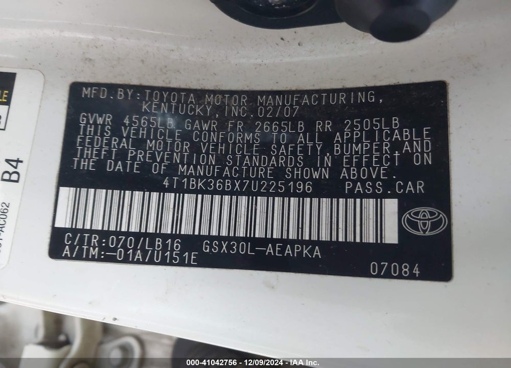 2007 TOYOTA AVALON LIMITED VIN: 4T1BK36BX7U225196