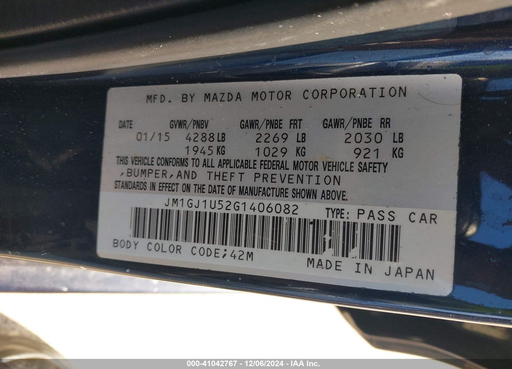 2016 MAZDA MAZDA6 VIN: JM1GJ1U52G1406082