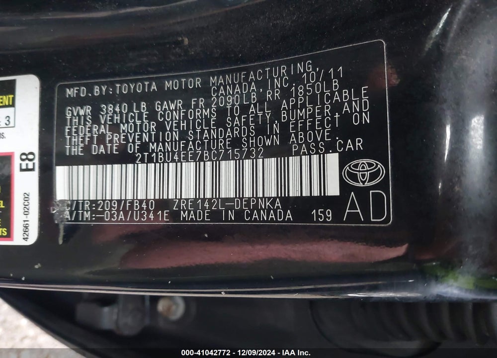 2011 TOYOTA COROLLA VIN: 2T1BU4EE7BC715732