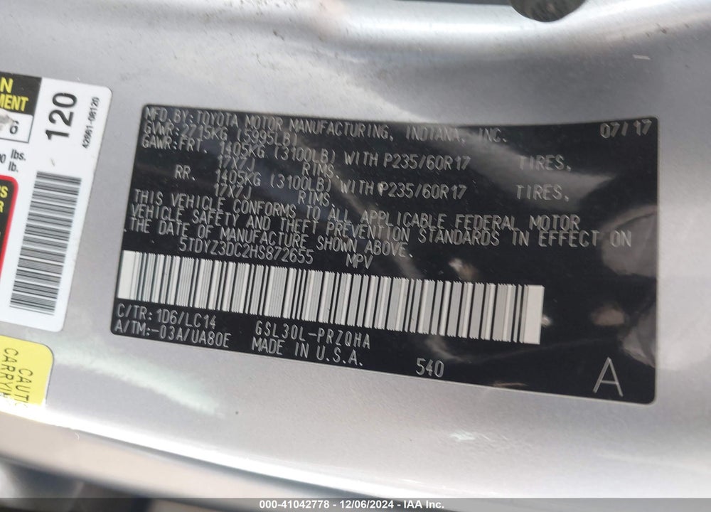 2017 TOYOTA SIENNA XLE 8 PASSENGER VIN: 5TDYZ3DC2HS872655