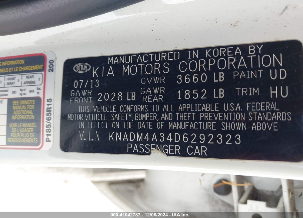 2013 KIA RIO LX VIN: KNADM4A34D6292323