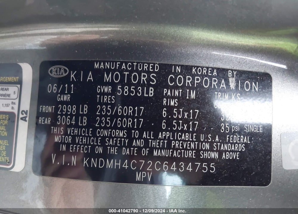 2012 KIA SEDONA VIN: KNDMH4C72C6434755