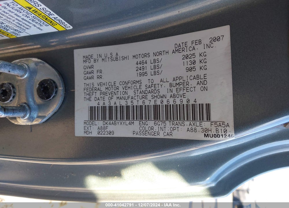 2007 MITSUBISHI ECLIPSE SPYDER GT VIN: 4A3AL35T67E066904