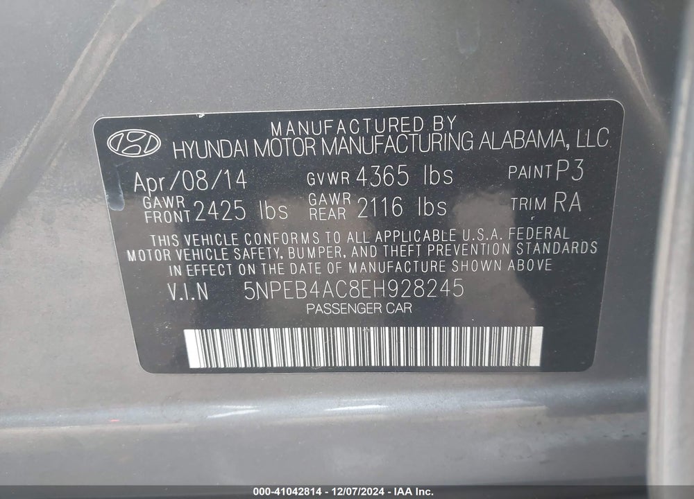 2014 HYUNDAI SONATA GLS VIN: 5NPEB4AC8EH928245
