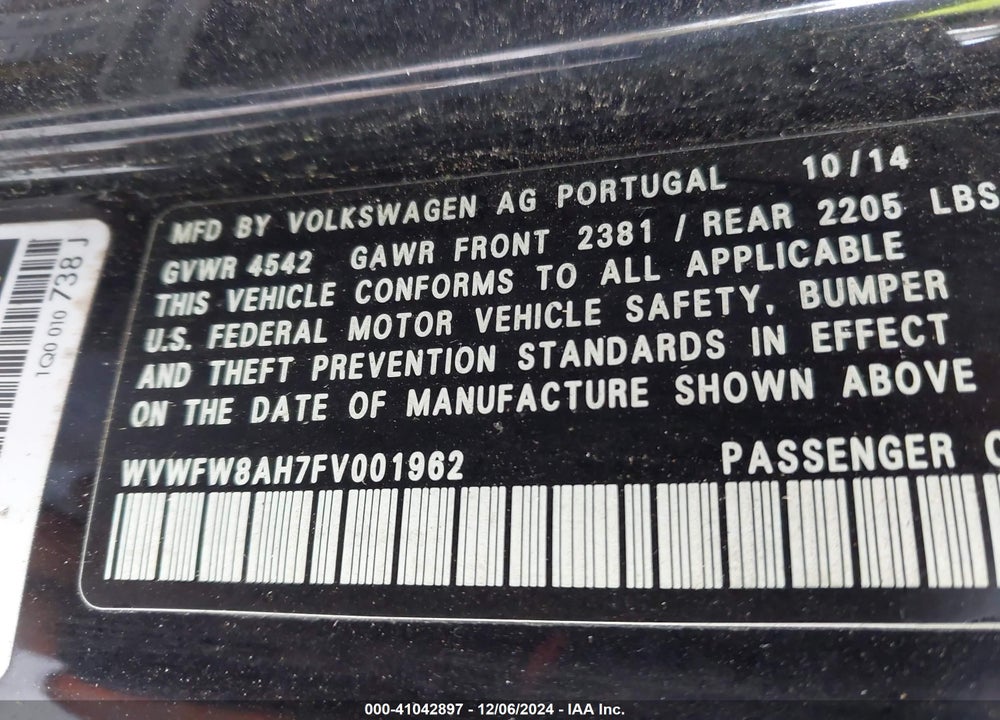 2015 VOLKSWAGEN EOS FINAL EDITION VIN: WVWFW8AH7FV001962