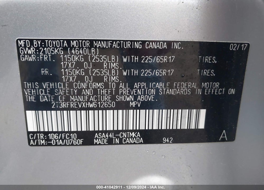 2017 TOYOTA RAV4 XLE VIN: 2T3RFREVXHW612650