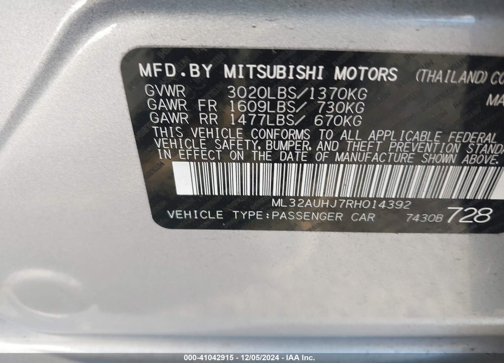 2024 MITSUBISHI MIRAGE ES/LE VIN: ML32AUHJ7RH014392