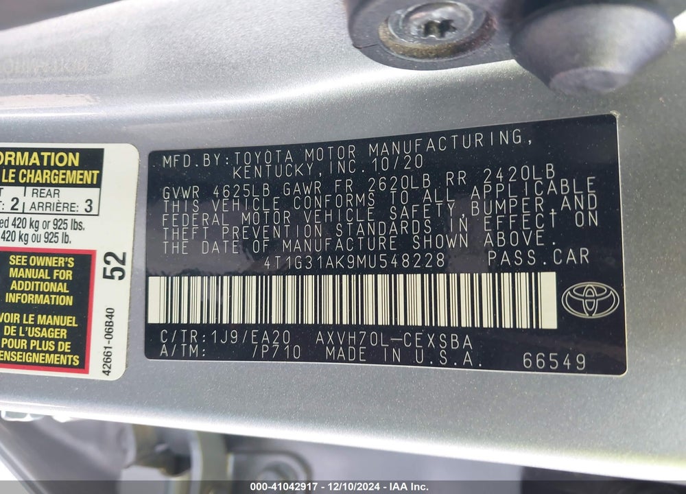 2021 TOYOTA CAMRY SE HYBRID VIN: 4T1G31AK9MU548228