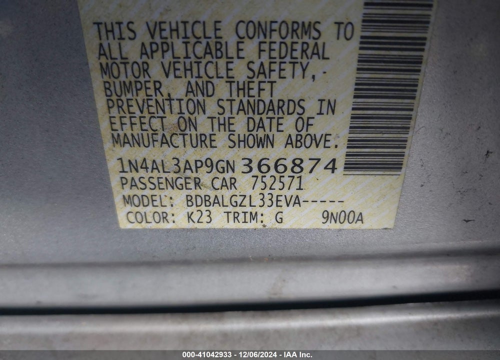 2016 NISSAN ALTIMA 2.5 S VIN: 1N4AL3AP9GN366874