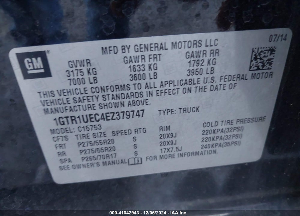 2014 GMC SIERRA 1500 SLE VIN: 1GTR1UEC4EZ379747