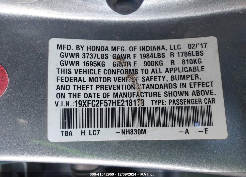 2017 HONDA CIVIC LX VIN: 19XFC2F57HE218178