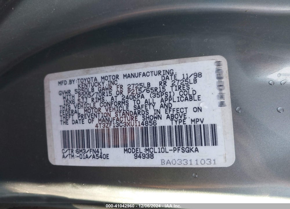 1999 TOYOTA SIENNA LE VIN: 4T3ZF13C3XU114856