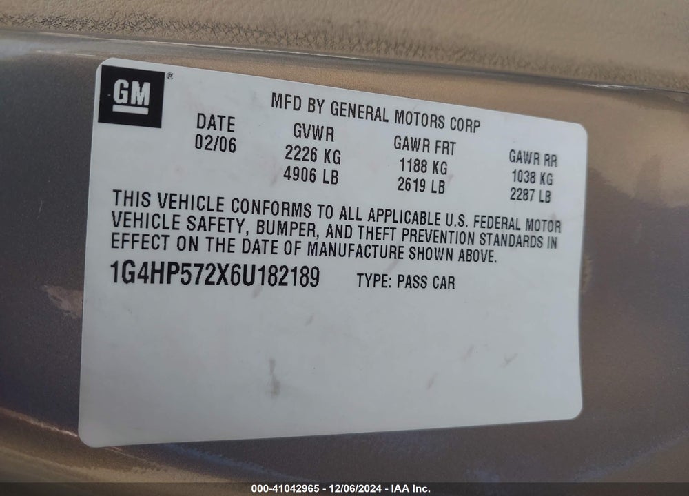 2006 BUICK LUCERNE CX VIN: 1G4HP572X6U182189