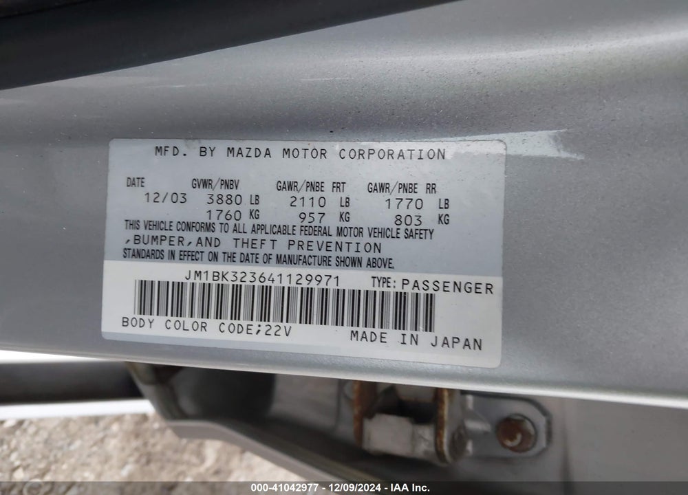 2004 MAZDA 3 S VIN: JM1BK323641129971