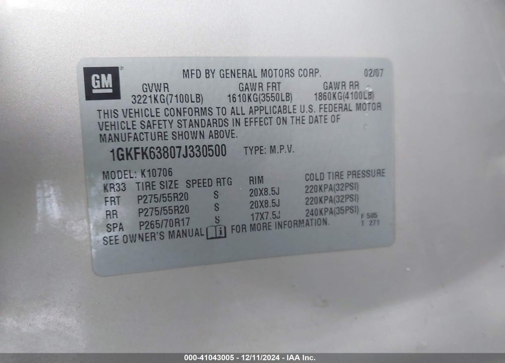2007 GMC YUKON DENALI VIN: 1GKFK63807J330500