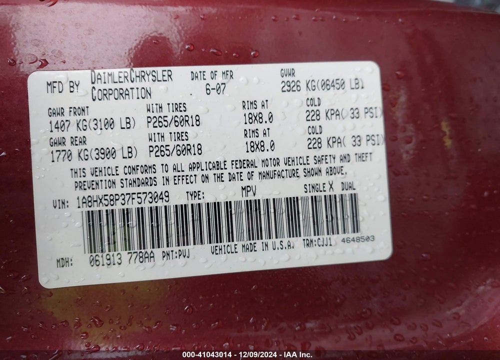2007 CHRYSLER ASPEN LIMITED VIN: 1A8HX58P37F573049