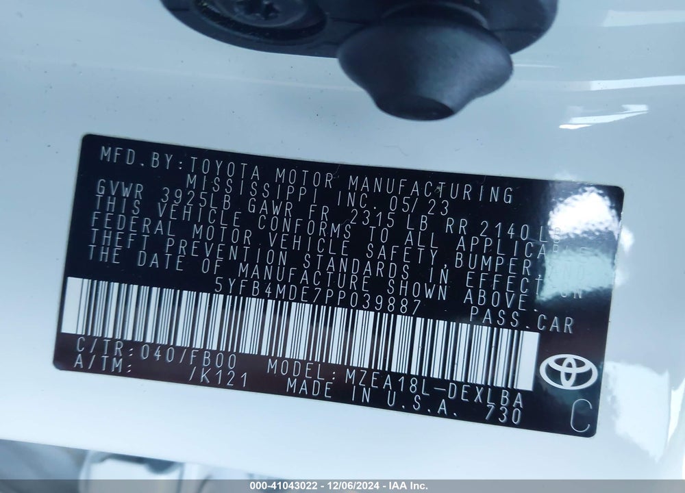 2023 TOYOTA COROLLA VIN: 5YFB4MDE7PP039887