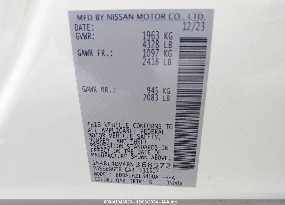 2024 NISSAN ALTIMA VIN: 1N4BL4DV4RN368572