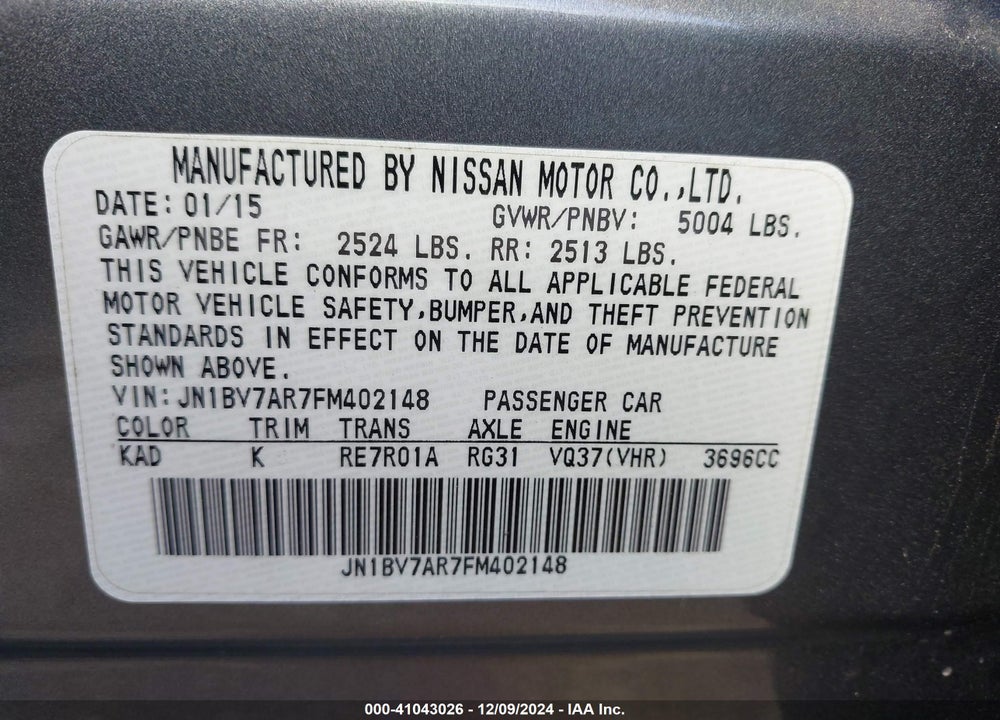 2015 INFINITI Q50 PREMIUM VIN: JN1BV7AR7FM402148