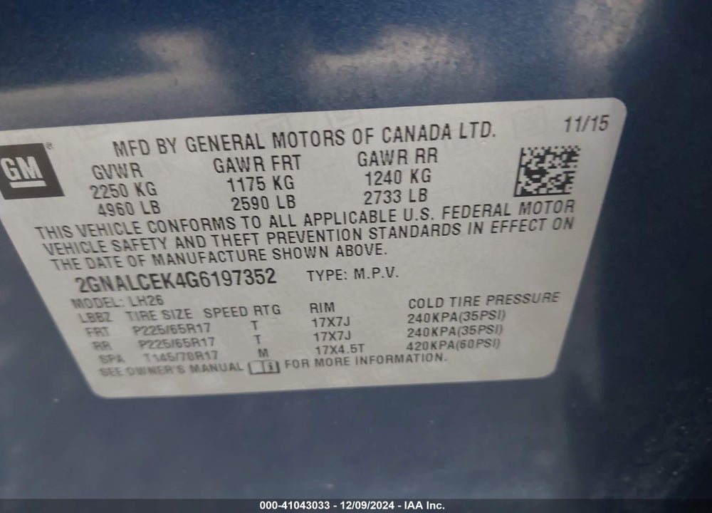 2016 CHEVROLET EQUINOX LT VIN: 2GNALCEK4G6197352