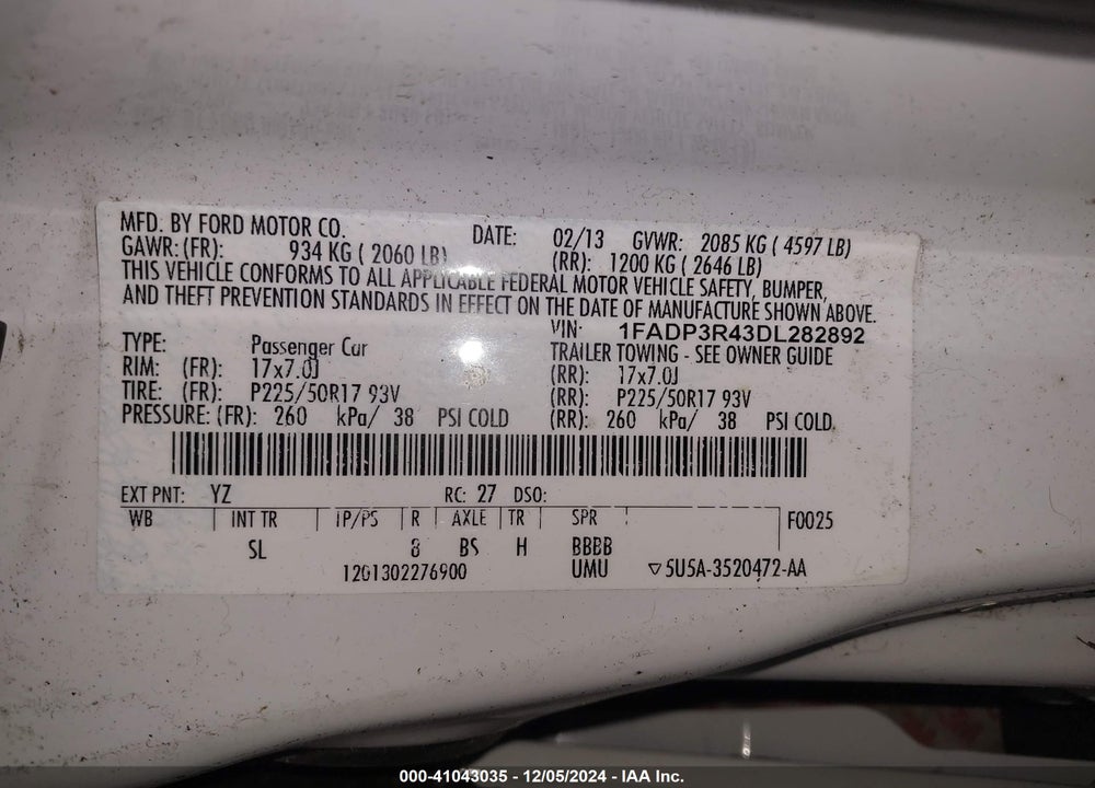 2013 FORD FOCUS ELECTRIC VIN: 1FADP3R43DL282892