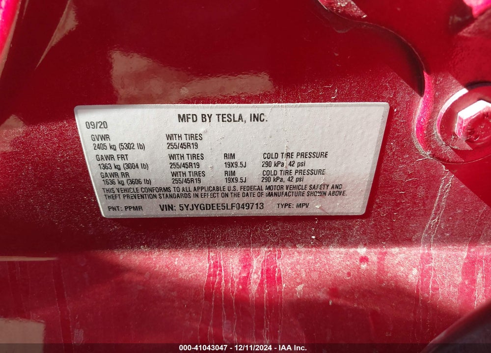 2020 TESLA MODEL Y LONG RANGE DUAL MOTOR ALL-WHEEL DRIVE VIN: 5YJYGDEE5LF049713